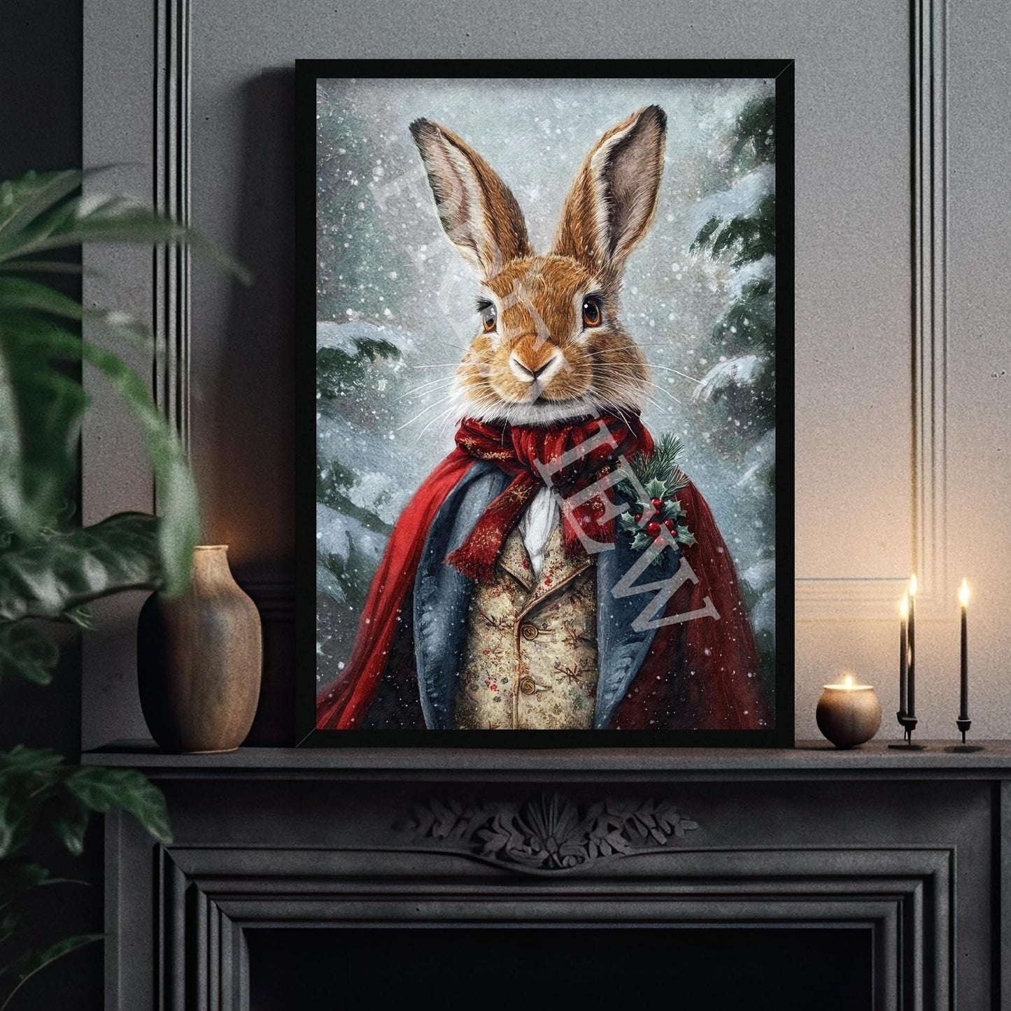 Christmas_Winter_Rabbit_Hare_Black_Frame_1_-_Vintage_Panda_Designs