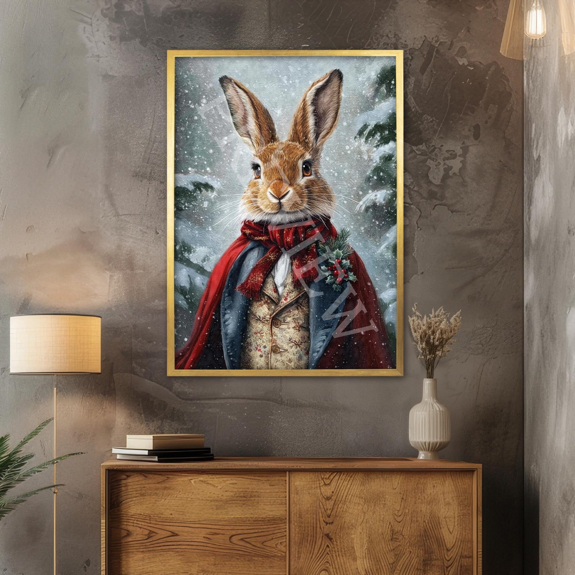 Christmas_Winter_Rabbit_Hare_Gold_Frame_-_Vintage_Panda_Designs