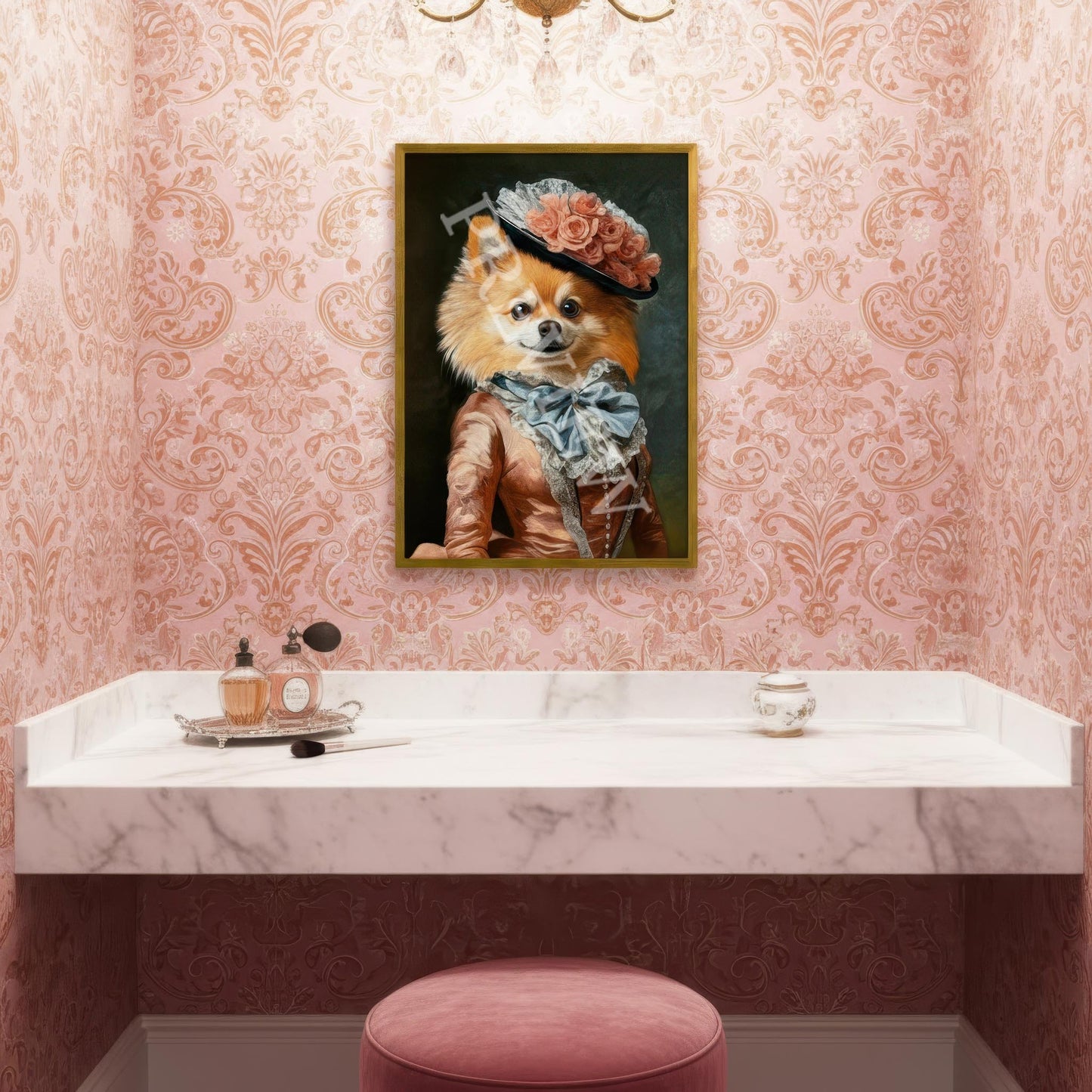 Cream_Pomeranain_Lady_Wearing_Vintage_Lady_s_Dress_Hat_in_Opulent_Pink_Dressing_Powder_Room_Artwork_and_Image_by_and_Copyright_of_Vintage_Panda_Designs