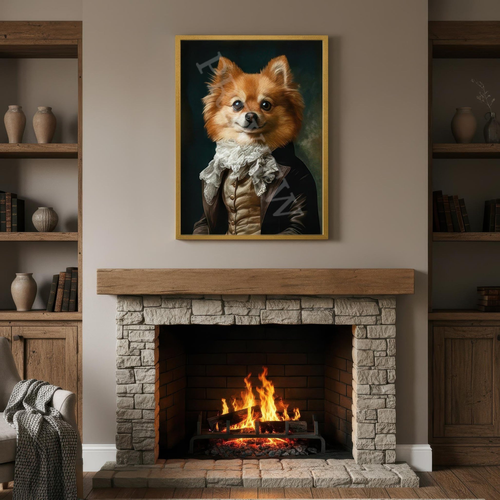 Cream_Pomeranain_Man_Wearing_Vintage_Gentleman_s_Suit_in_a_Rustic_Living_Room_Above_Fireplace_Room_Artwork_and_Image_by_and_Copyright_of_Vintage_Panda_Designs