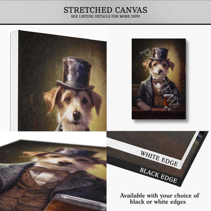 A canvas art print preview showing a dog dressed in vintage formalwear and a top hat, presented in multiple views including a full canvas, a smaller inset, a close-up detail, and edge options labeled white and black.