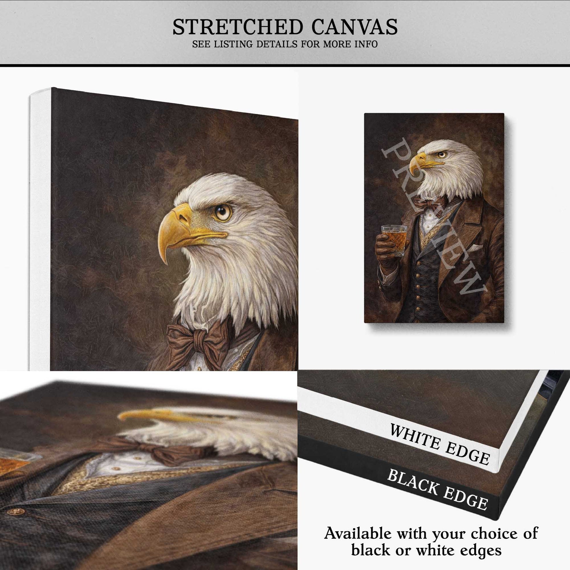 stretched canvas of an eagle drinking bourbon with black and white edge options