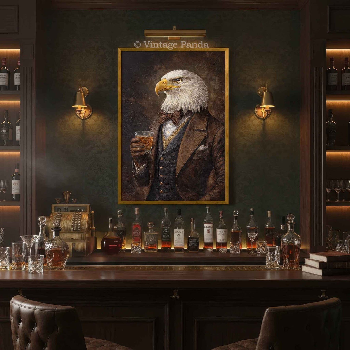 Eagle_Gentleman_Drinking_Whisky_Portrait_in_Gold_Frame_on_Wall_in_Traditional_Vintage_Style_Bourbon_Speakeasy_Bar_Copyright_Vintage_Panda_-_SM