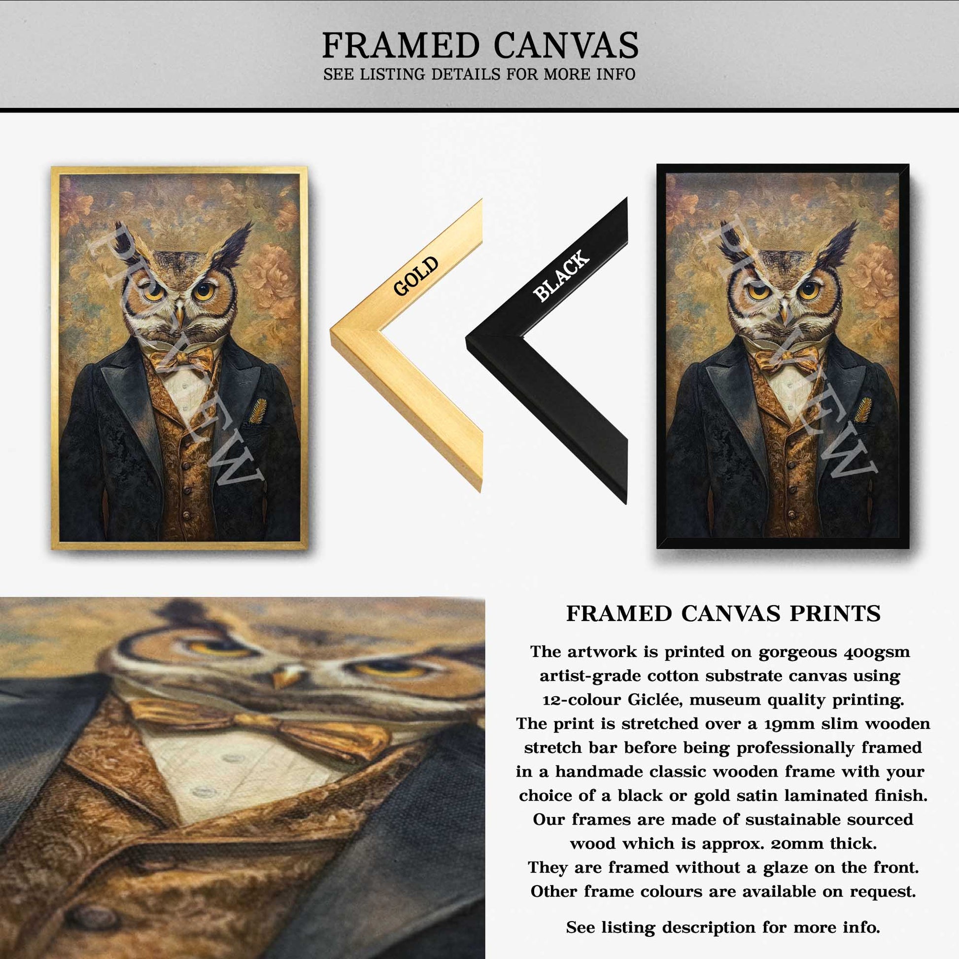Eclectic Owl Gentleman Framed Canvas by Vintage Panda Designs