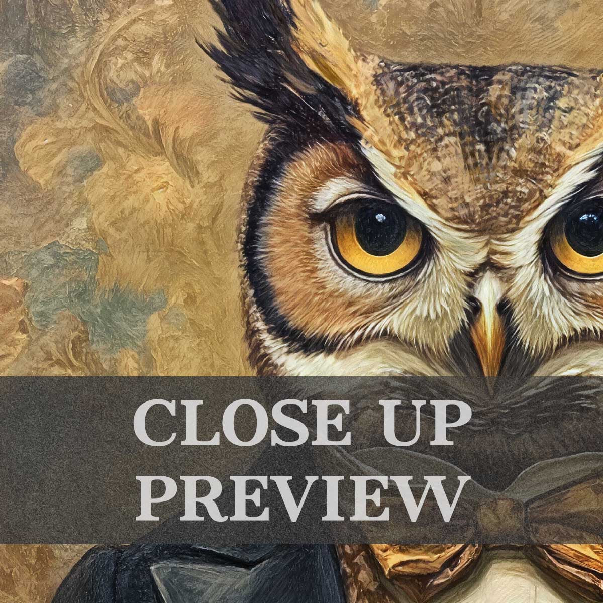 Eclectic Owl Gentleman Print Close Up by Vintage Panda Designs
