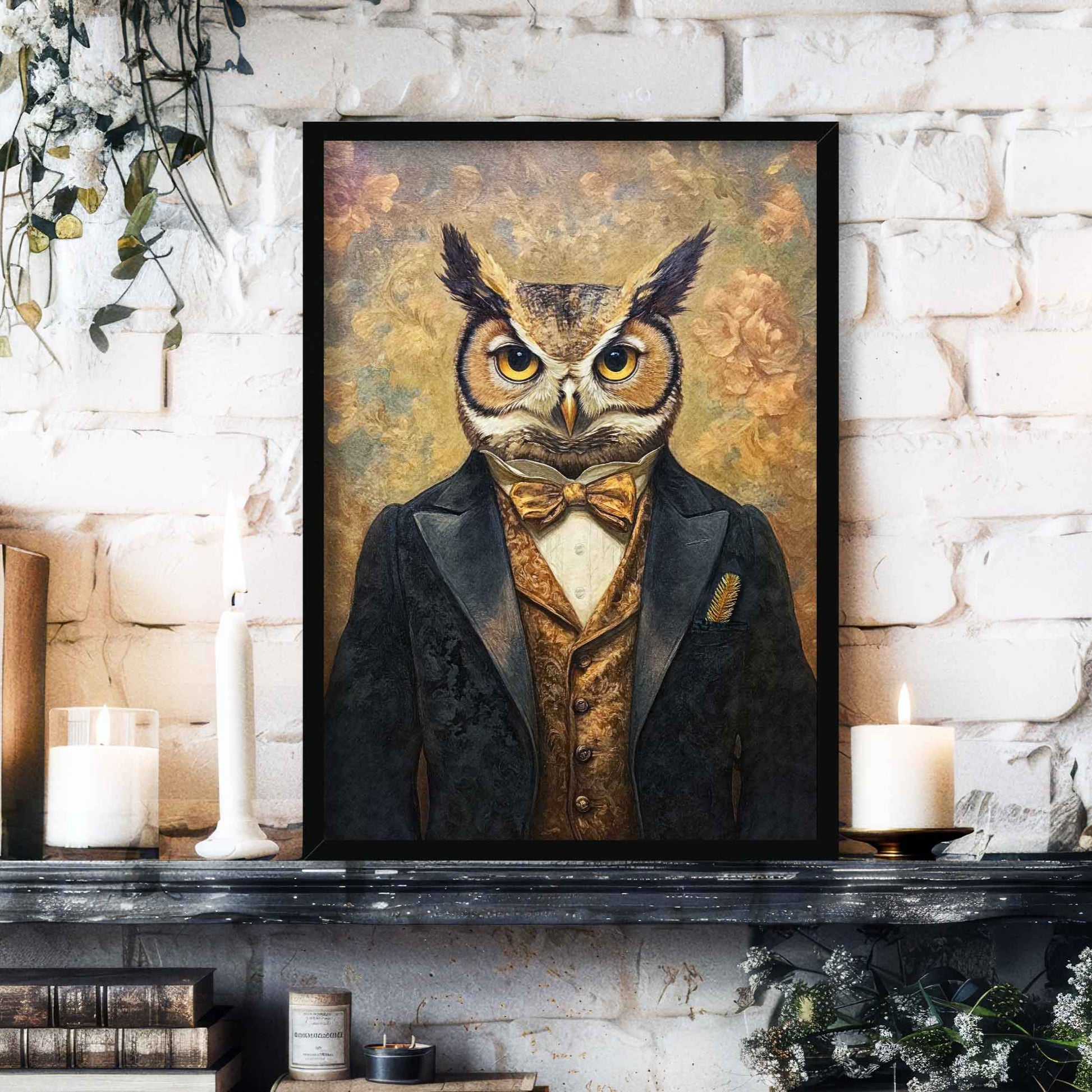 Eclectic Owl Gentleman Print in Black Frame by Vintage Panda Designs