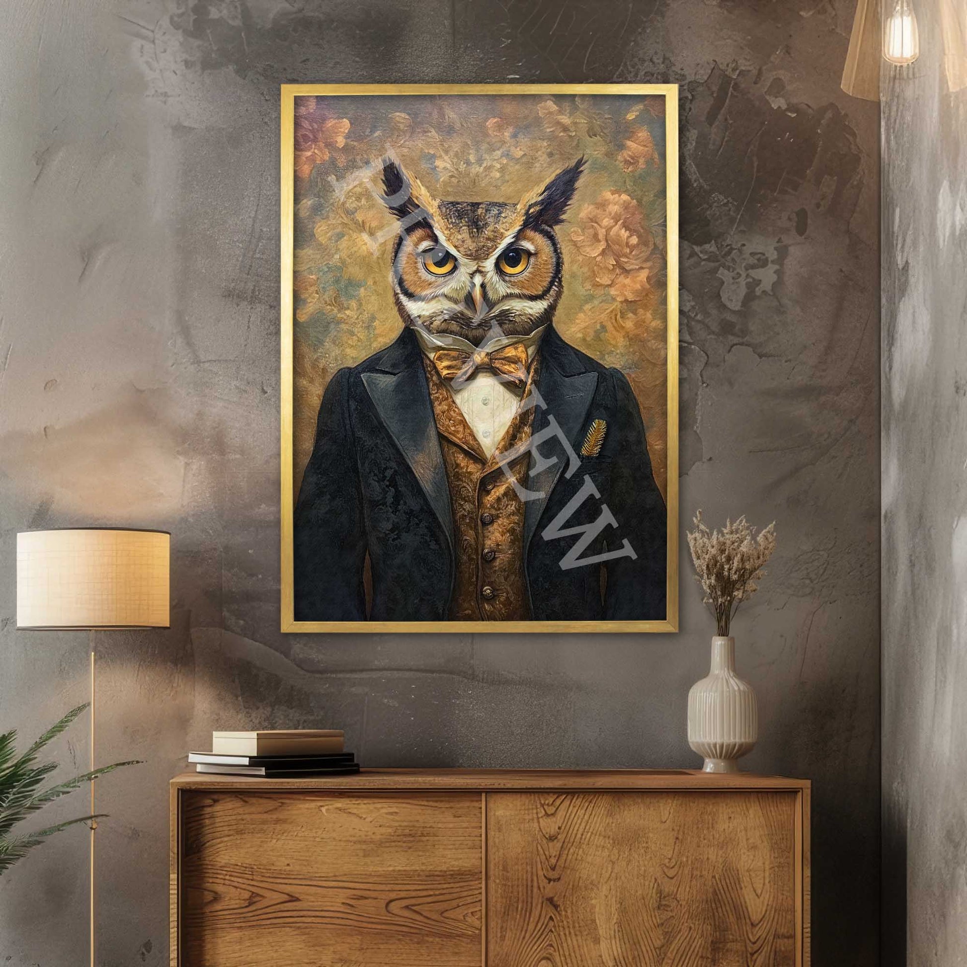 Eclectic Owl Gentleman Print in Gold Frame by Vintage Panda Designs