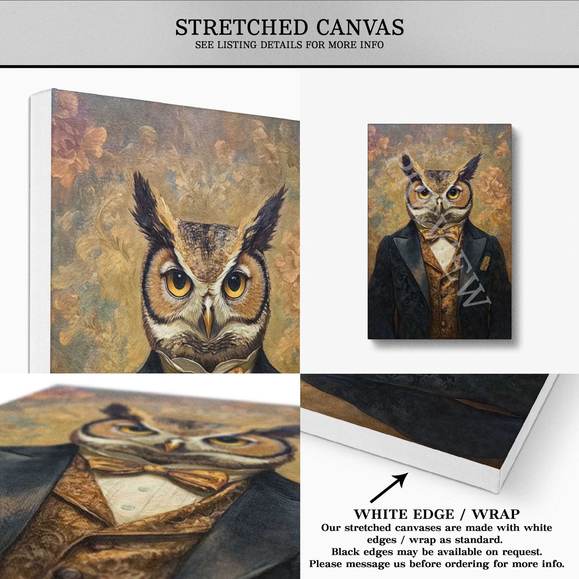 Eclectic Owl Gentleman Stretched Canvas by Vintage Panda Designs