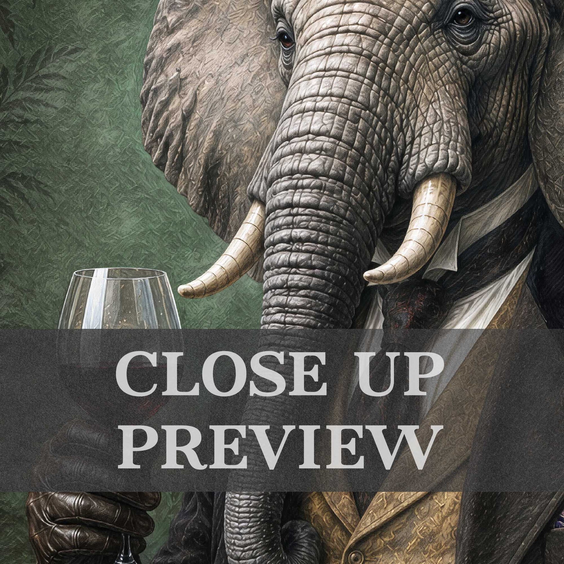 A close-up artistic preview showing part of an elephant wearing a vintage suit jacket and holding a wine glass.