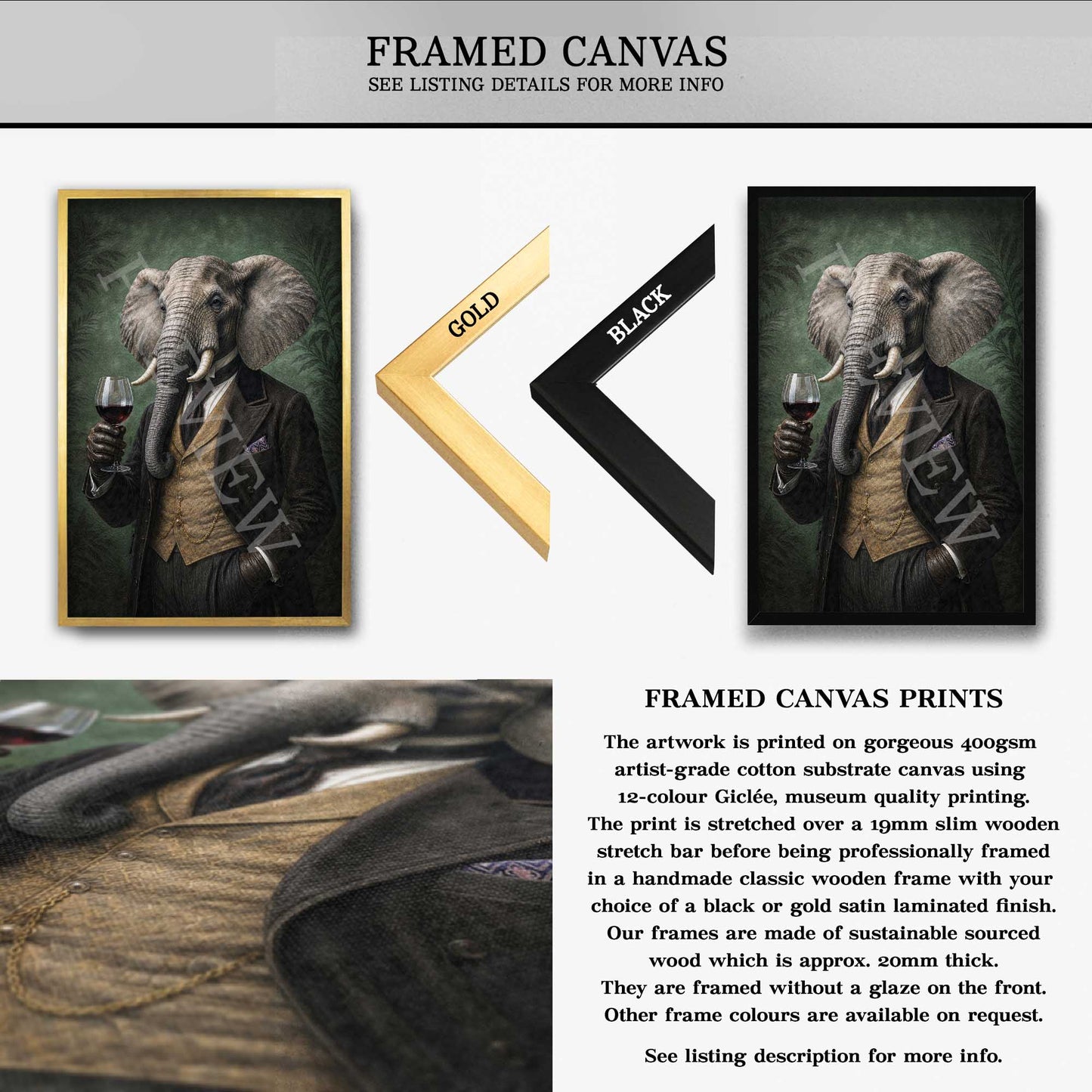 Framed canvas art print featuring a vintage-style illustration of an elephant dressed in a black jacket and vest, holding a glass of wine. The image shows both gold and black frame options, along with descriptive text about the canvas print and frame details.