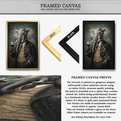 Framed canvas art print featuring a vintage-style illustration of an elephant dressed in a black jacket and vest, holding a glass of wine. The image shows both gold and black frame options, along with descriptive text about the canvas print and frame details.