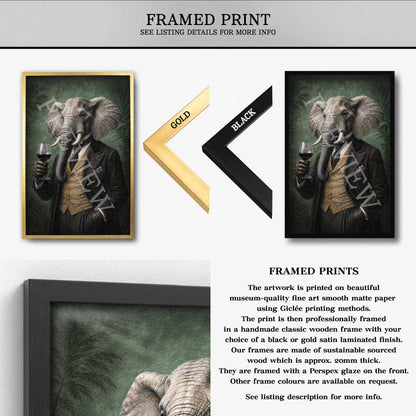 Framed wall art print featuring a stylized elephant in a dark suit holding a wine glass, shown in multiple views with gold and black frame options.