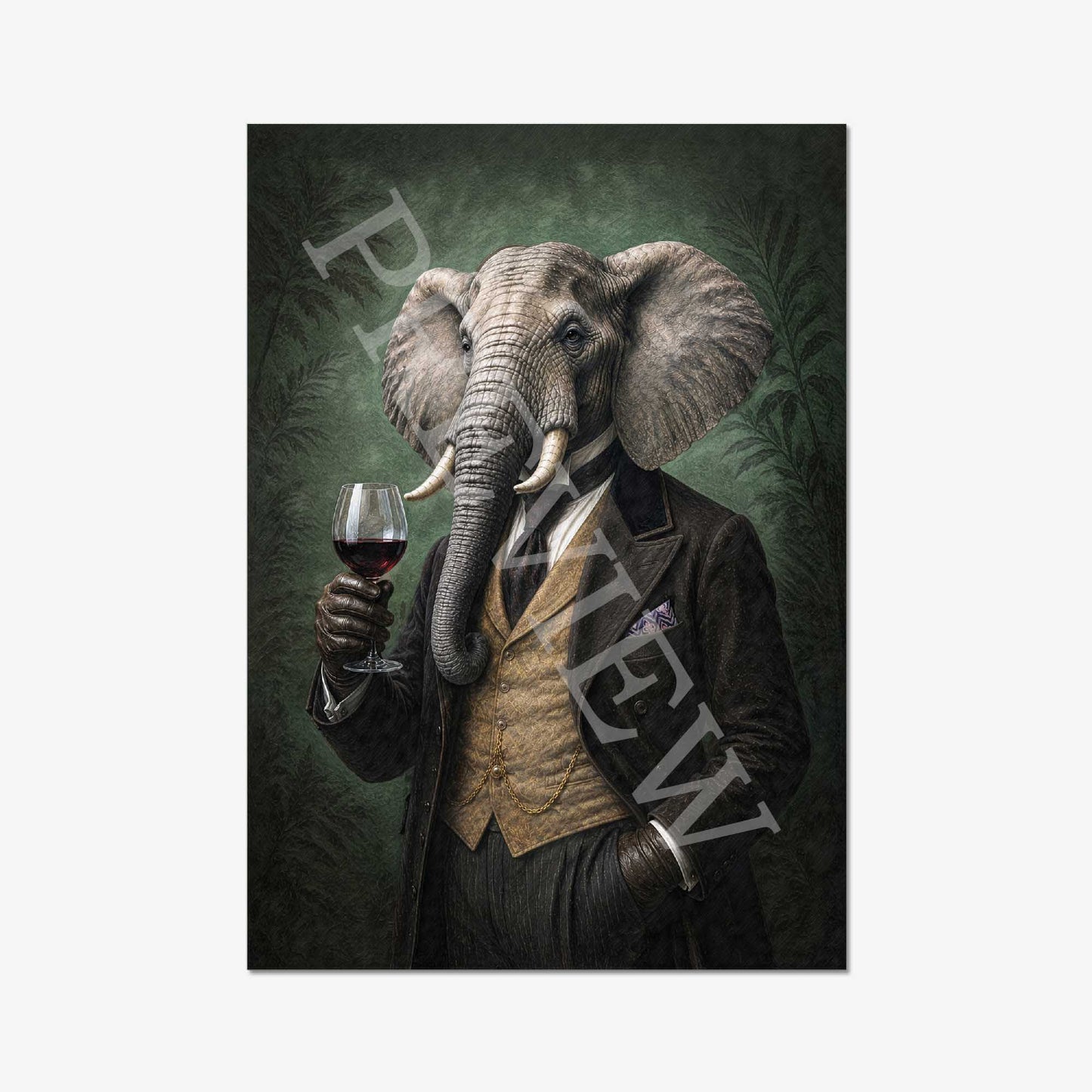 A vertical art print featuring a painted elephant dressed in a dark suit and vest, holding a glass of red wine against a dark green jungle-style background.