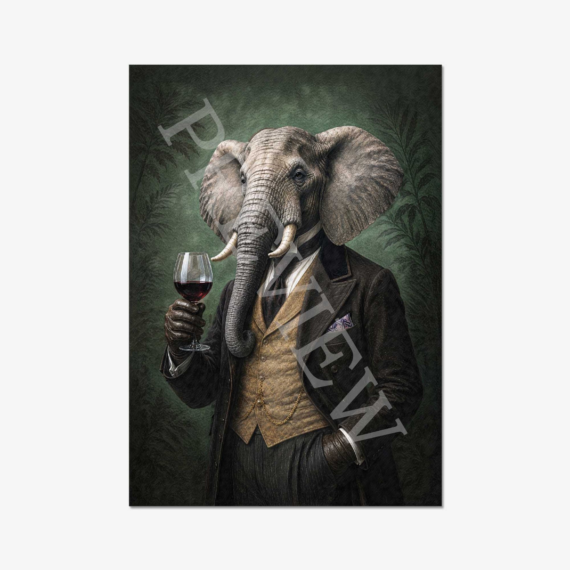 A vertical art print featuring a painted elephant dressed in a dark suit and vest, holding a glass of red wine against a dark green jungle-style background.