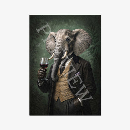 A vertical art print featuring a painted elephant dressed in a dark suit and vest, holding a glass of red wine against a dark green jungle-style background.