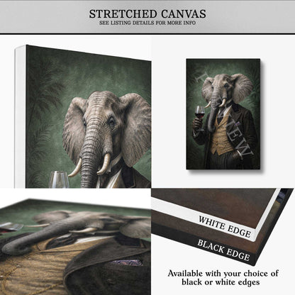 A collage showing a stretched canvas wall art print featuring a painted elephant portrait. The main view shows a large elephant with a wine glass, with smaller views showing the canvas edges and a close-up of the artwork.