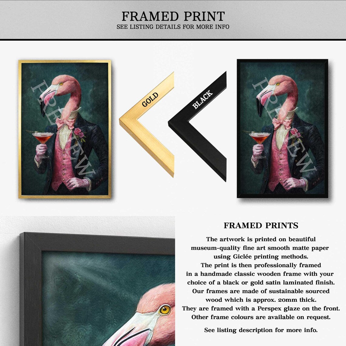 Flamingo_Drinking_Cocktail_Framed_Print_by_Vintage_Panda_Designs