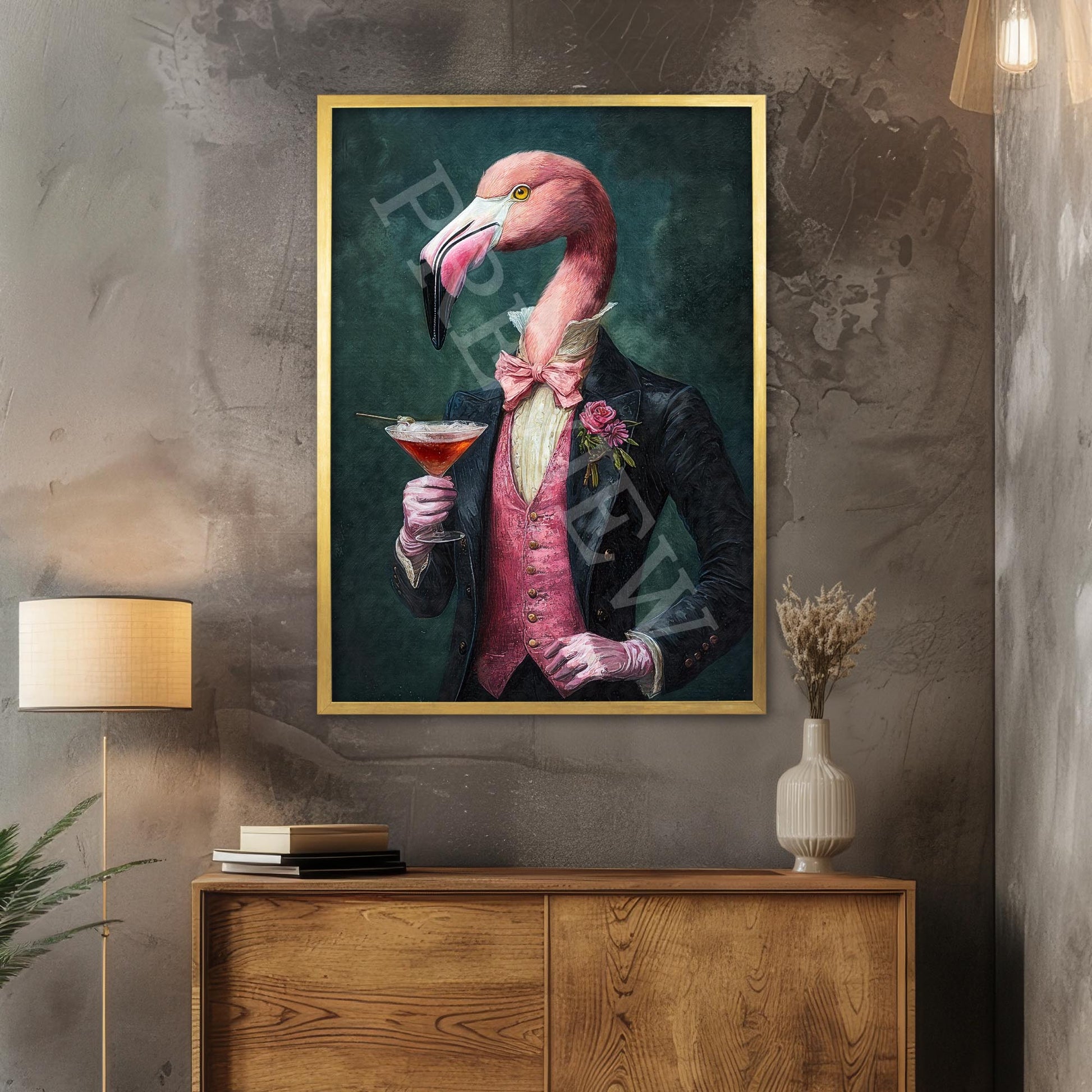 Flamingo_Man_with_Cocktail_Gold_Frame_-_Vintage_Panda_Designs