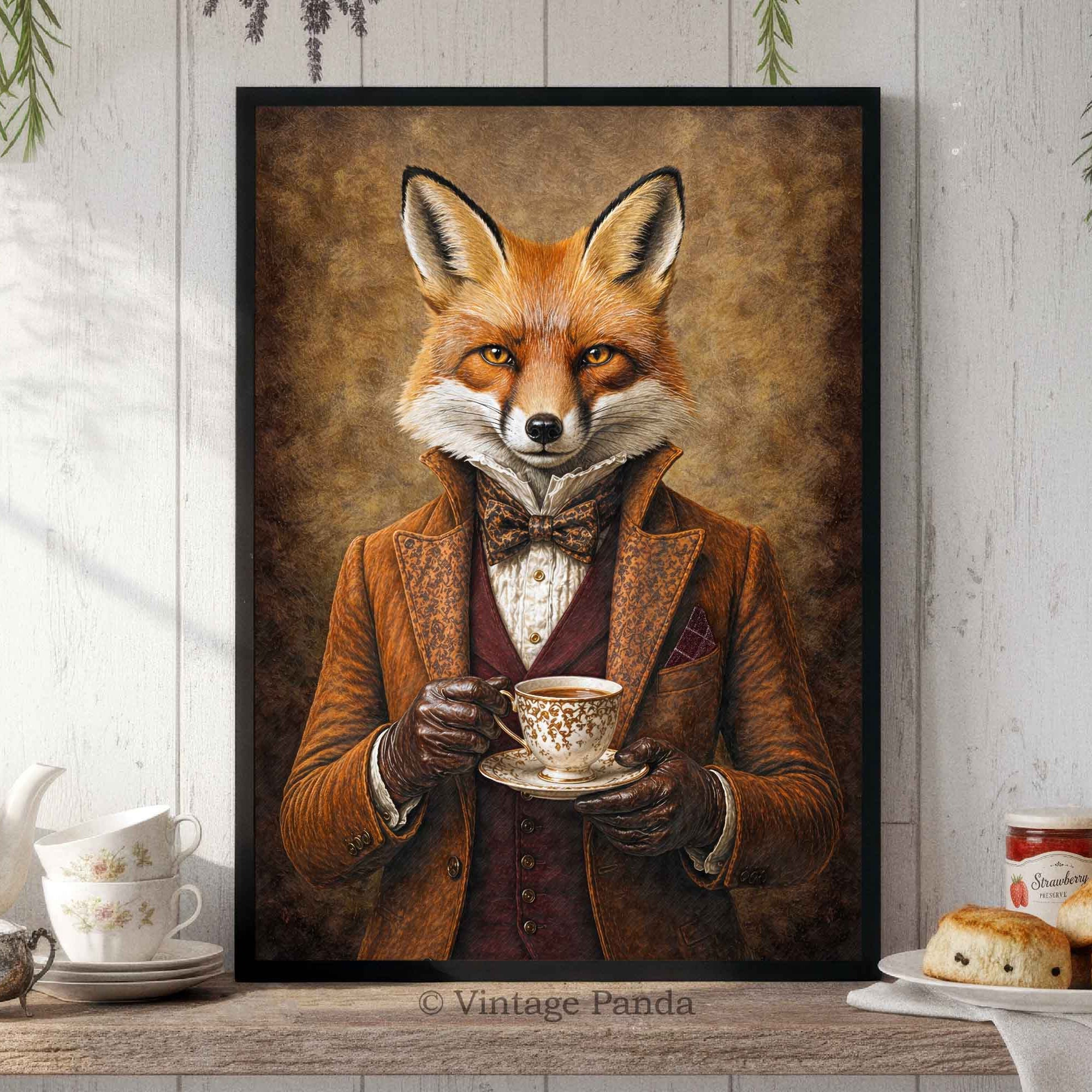アンティーク　フレーム　ポスター　Tea Coffee Fox Gentleman Drinking Tea Wall Art | Kitchen & Dining Animal