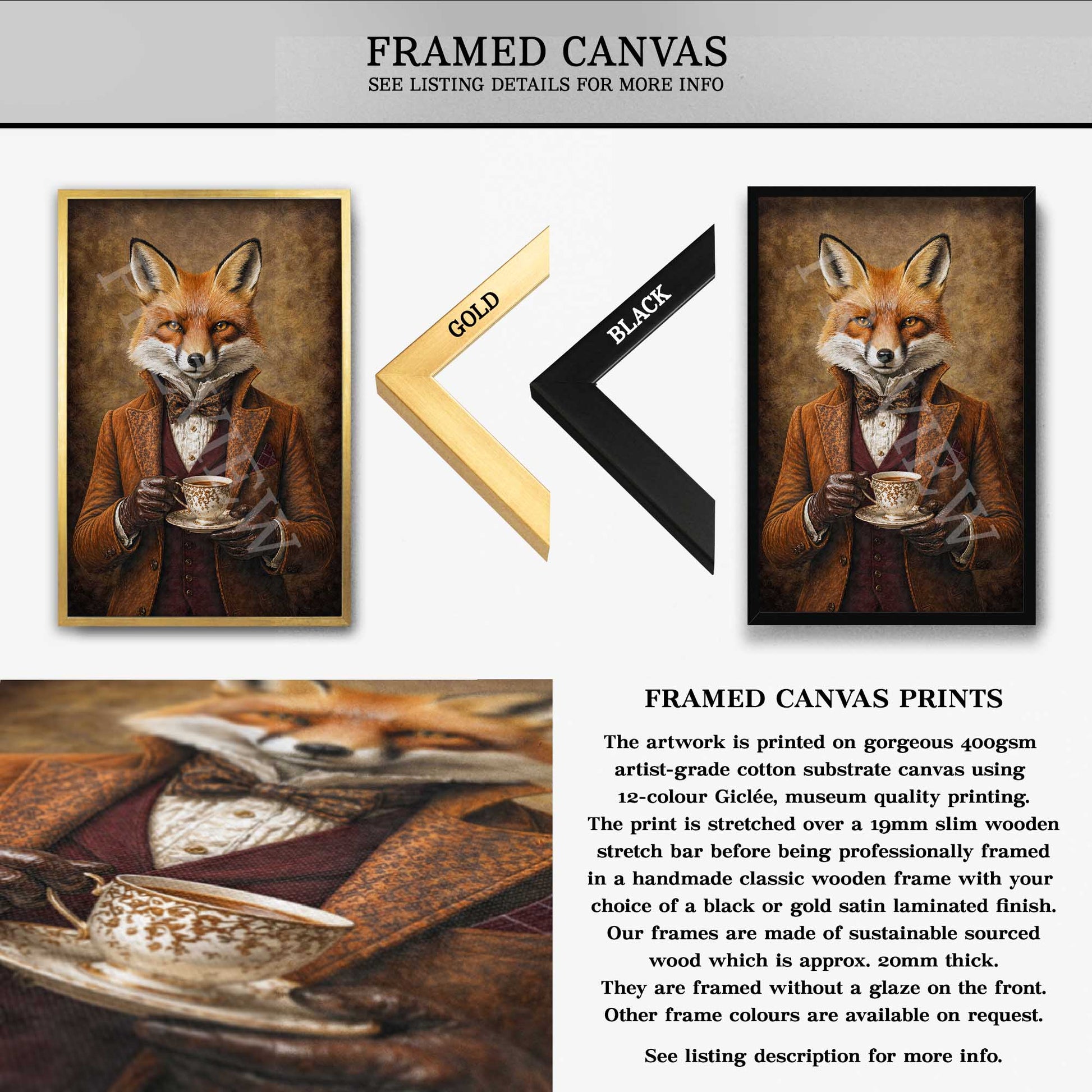 Fox_Drinking_Tea_Framed_Canvas_by_Vintage_Panda_Designs