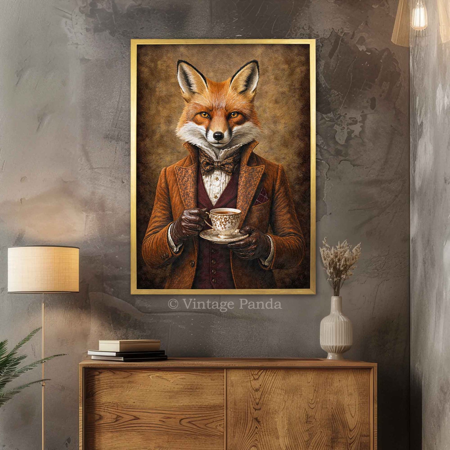 Fox_Drinking_Tea_Gold_Frame_by_Vintage_Panda_Designs