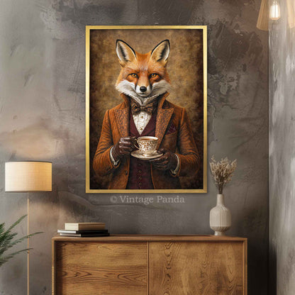 Fox_Drinking_Tea_Gold_Frame_by_Vintage_Panda_Designs