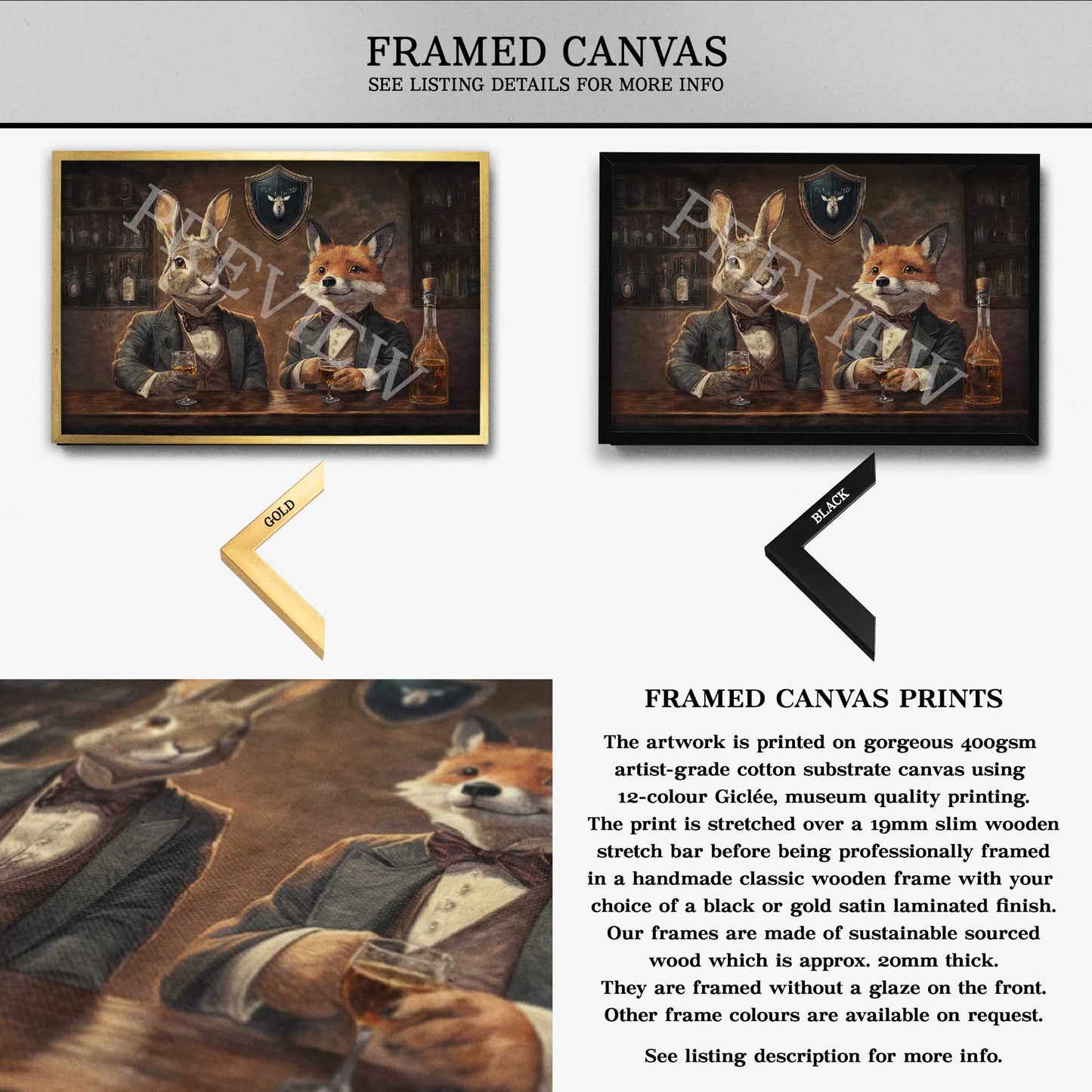 Fox & Hare in Pub Wall Art Framed Canvas by Vintage Panda Designs