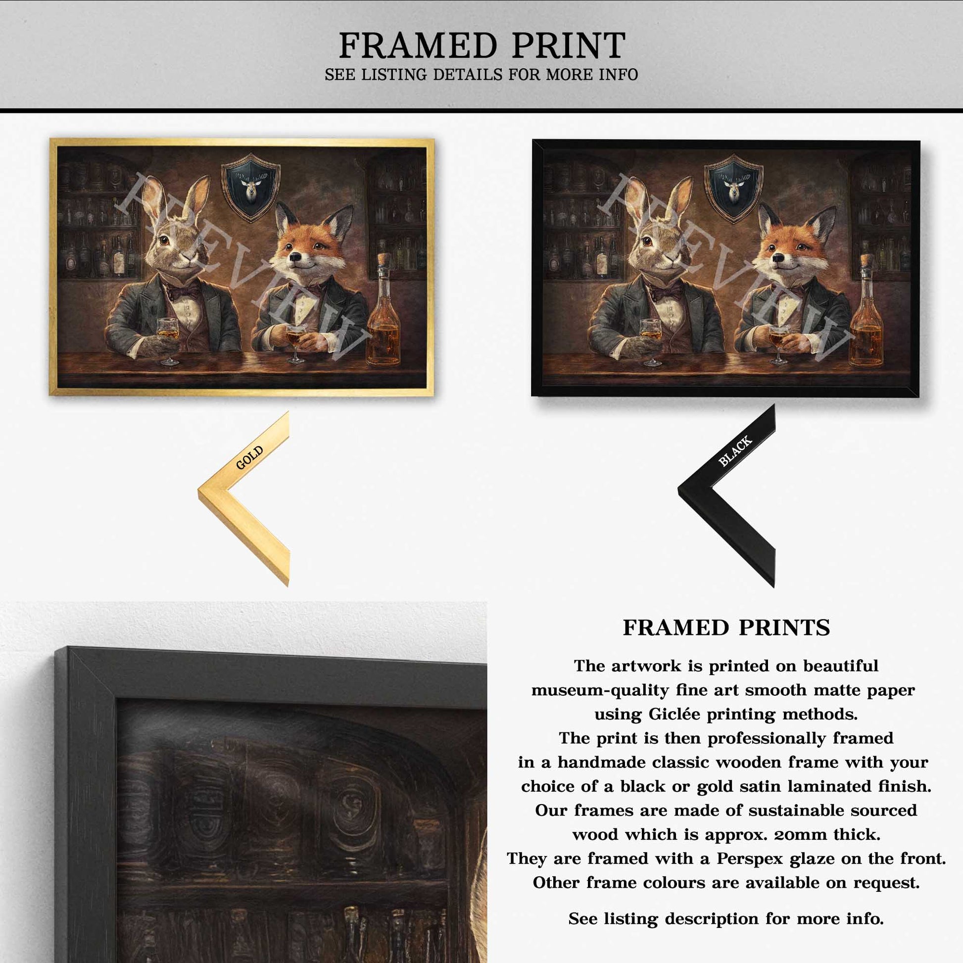 Fox & Hare in Pub Wall Art Framed Print by Vintage Panda Designs