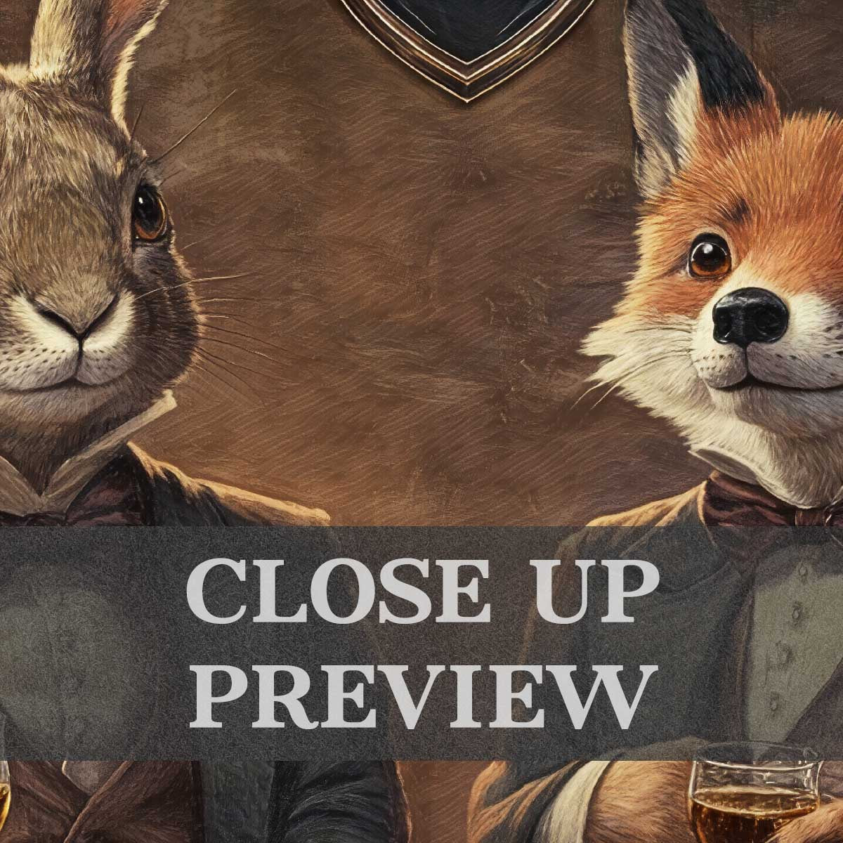 Fox & Hare in Pub Wall Art Print Close Up by Vintage Panda Designs