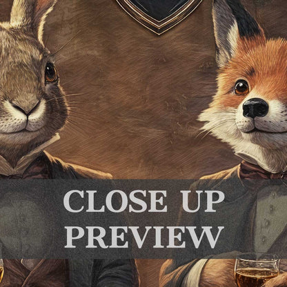 Fox & Hare in Pub Wall Art Print Close Up by Vintage Panda Designs