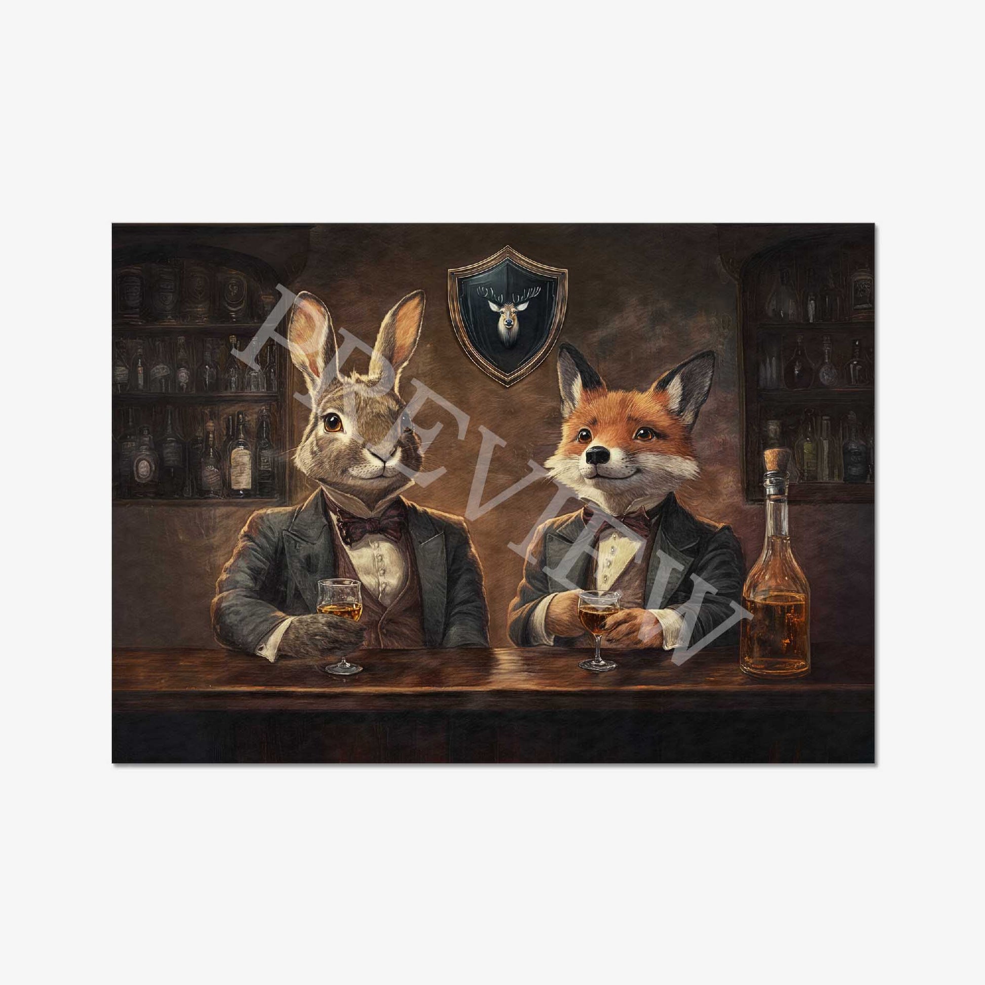 Fox & Hare in Pub Wall Art Print by Vintage Panda Designs