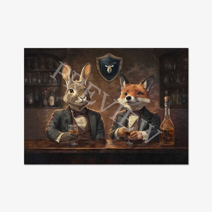 Fox & Hare in Pub Wall Art Print by Vintage Panda Designs