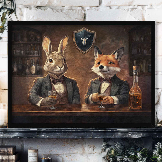 Fox & Hare in Pub Wall Art Print in Black Frame by Vintage Panda Designs