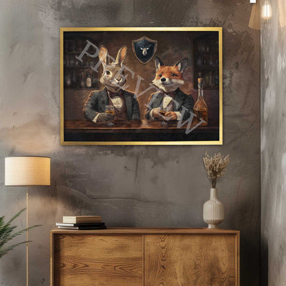 Fox & Hare in Pub Wall Art Print in Gold Frame by Vintage Panda Designs