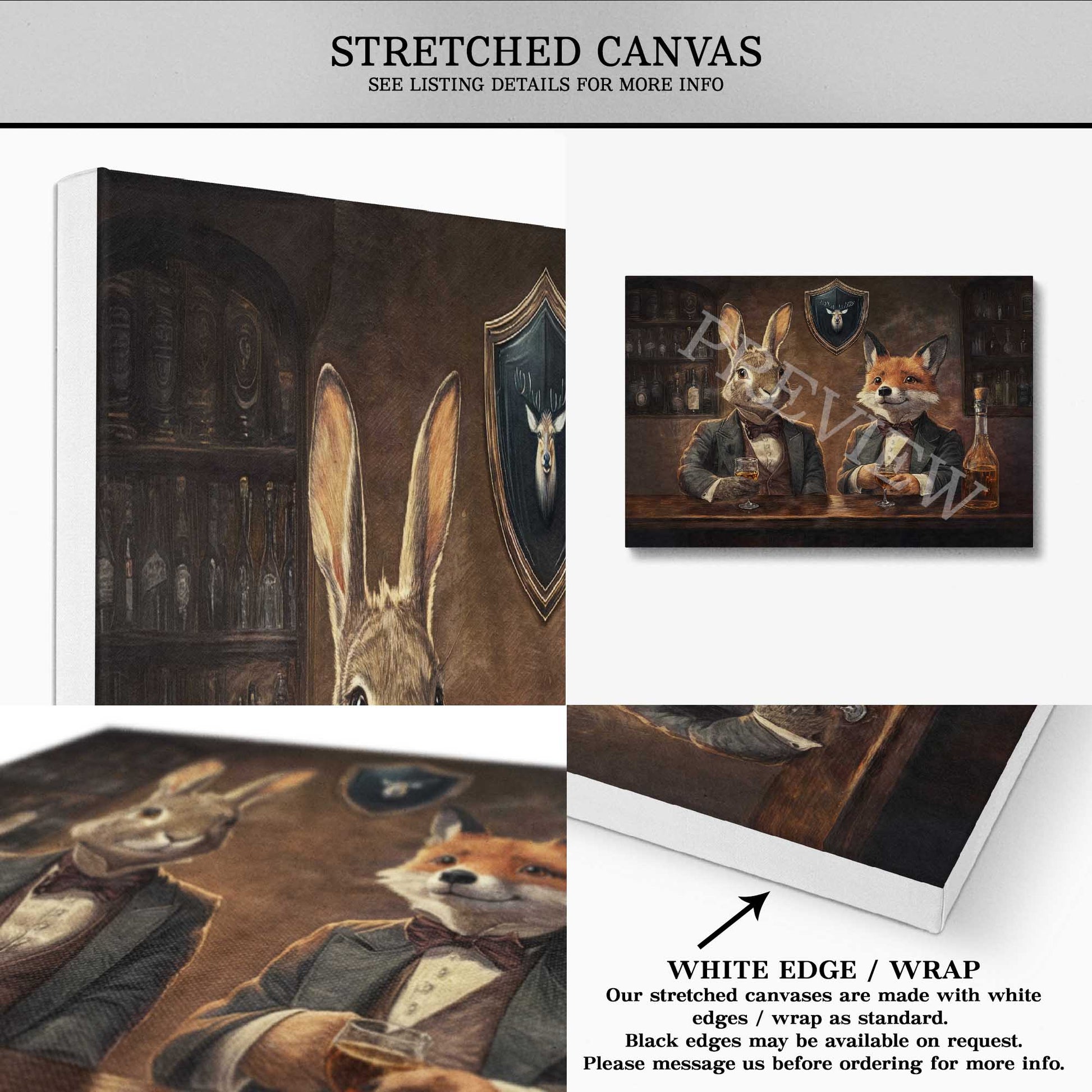 Fox & Hare in Pub Wall Art Stretched Canvas by Vintage Panda Designs