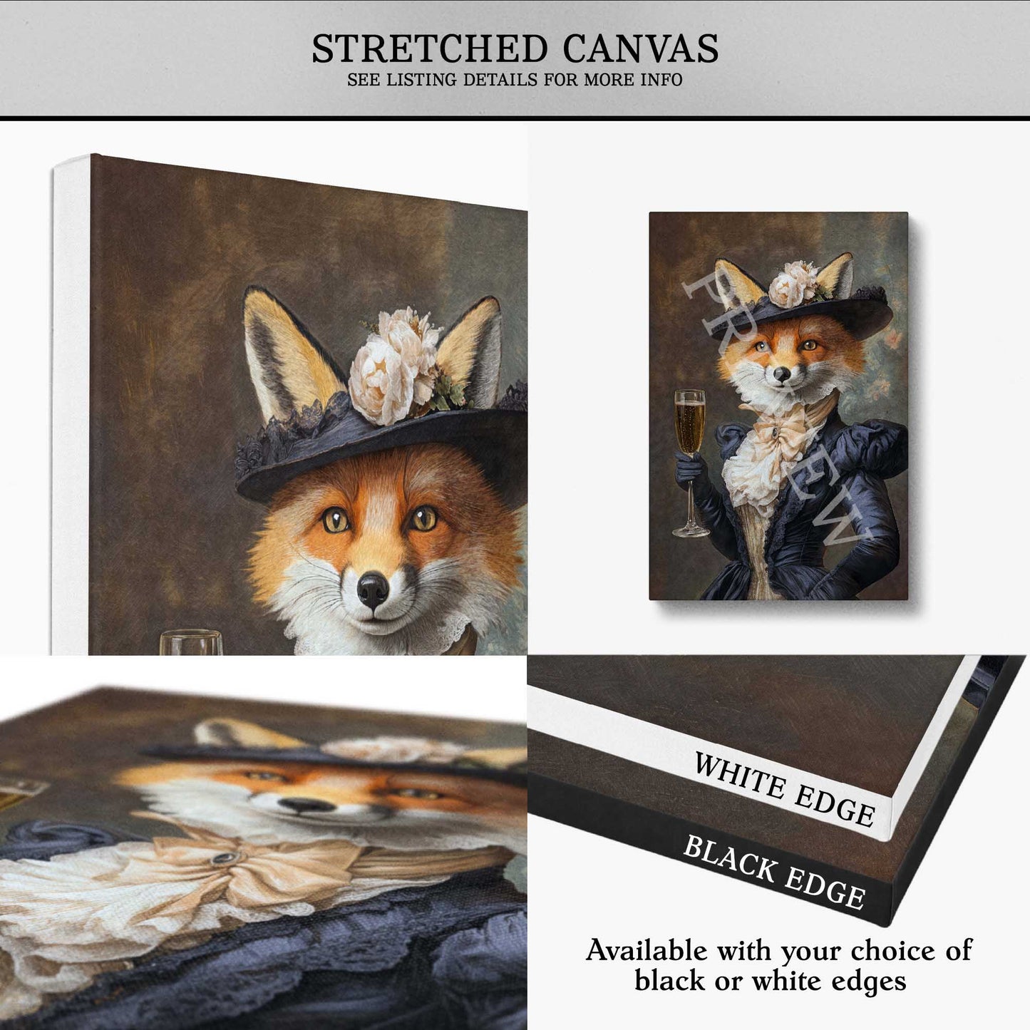 Stretched canvas with artwork of a fox lady drinking champagne. Available with black or white edges