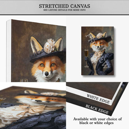 Stretched canvas with artwork of a fox lady drinking champagne. Available with black or white edges