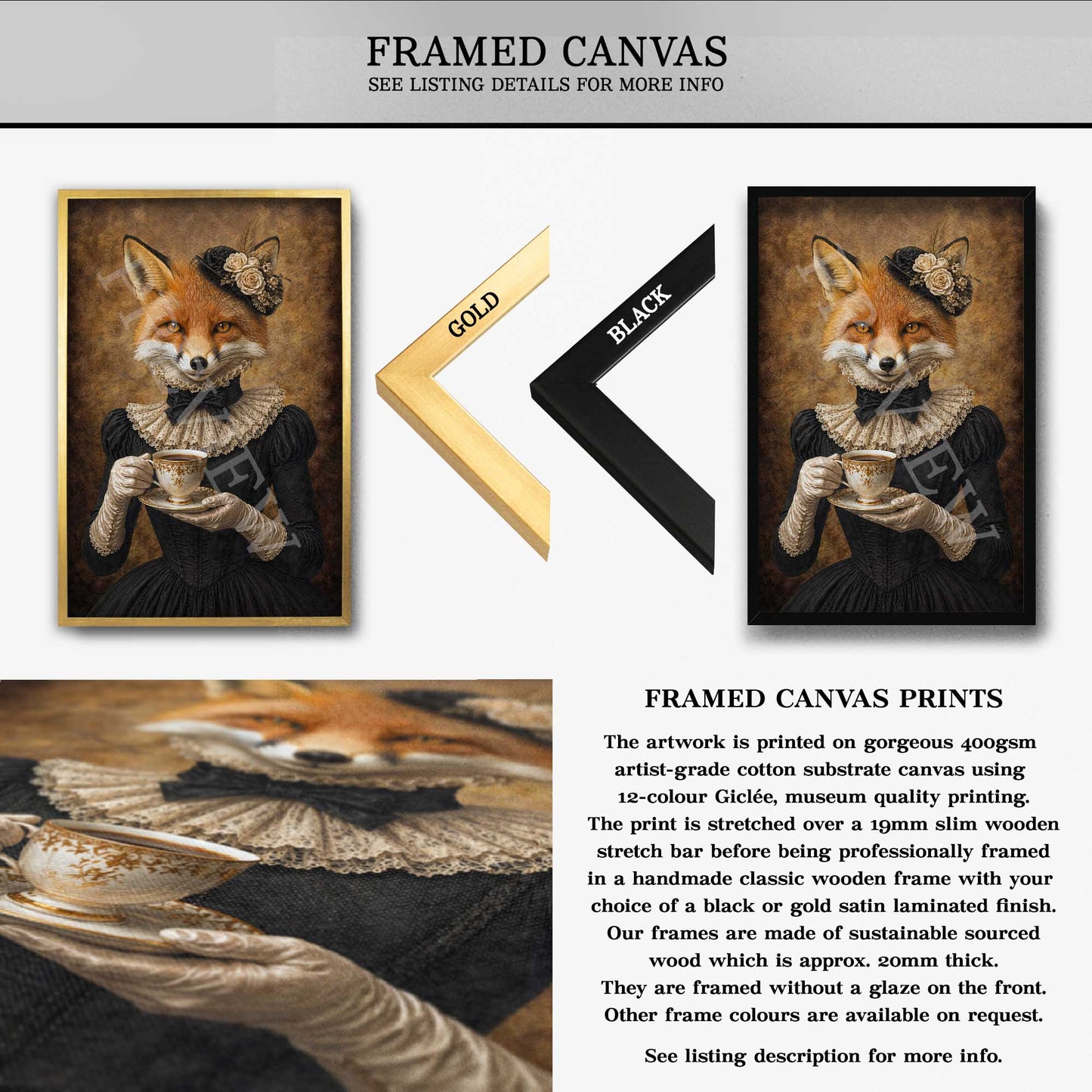 Fox_Lady_Drinking_Tea_Framed_Canvas_by_Vintage_Panda_Designs