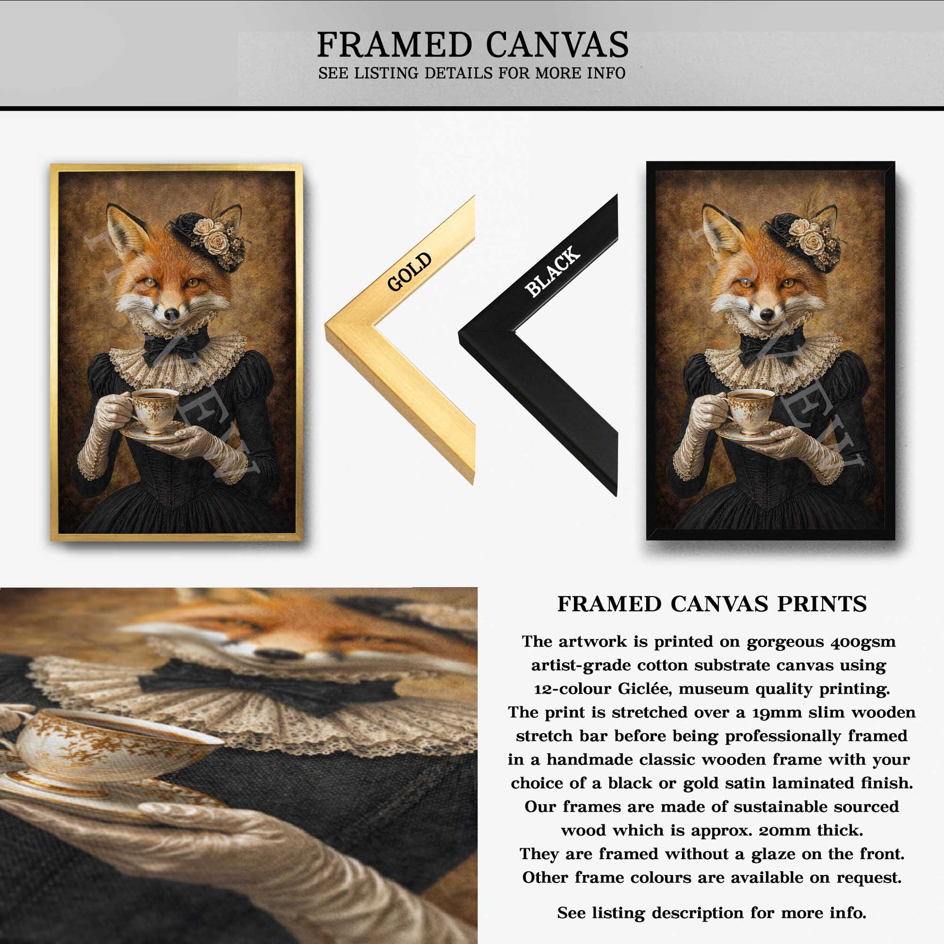 Fox_Lady_Drinking_Tea_Framed_Canvas_by_Vintage_Panda_Designs