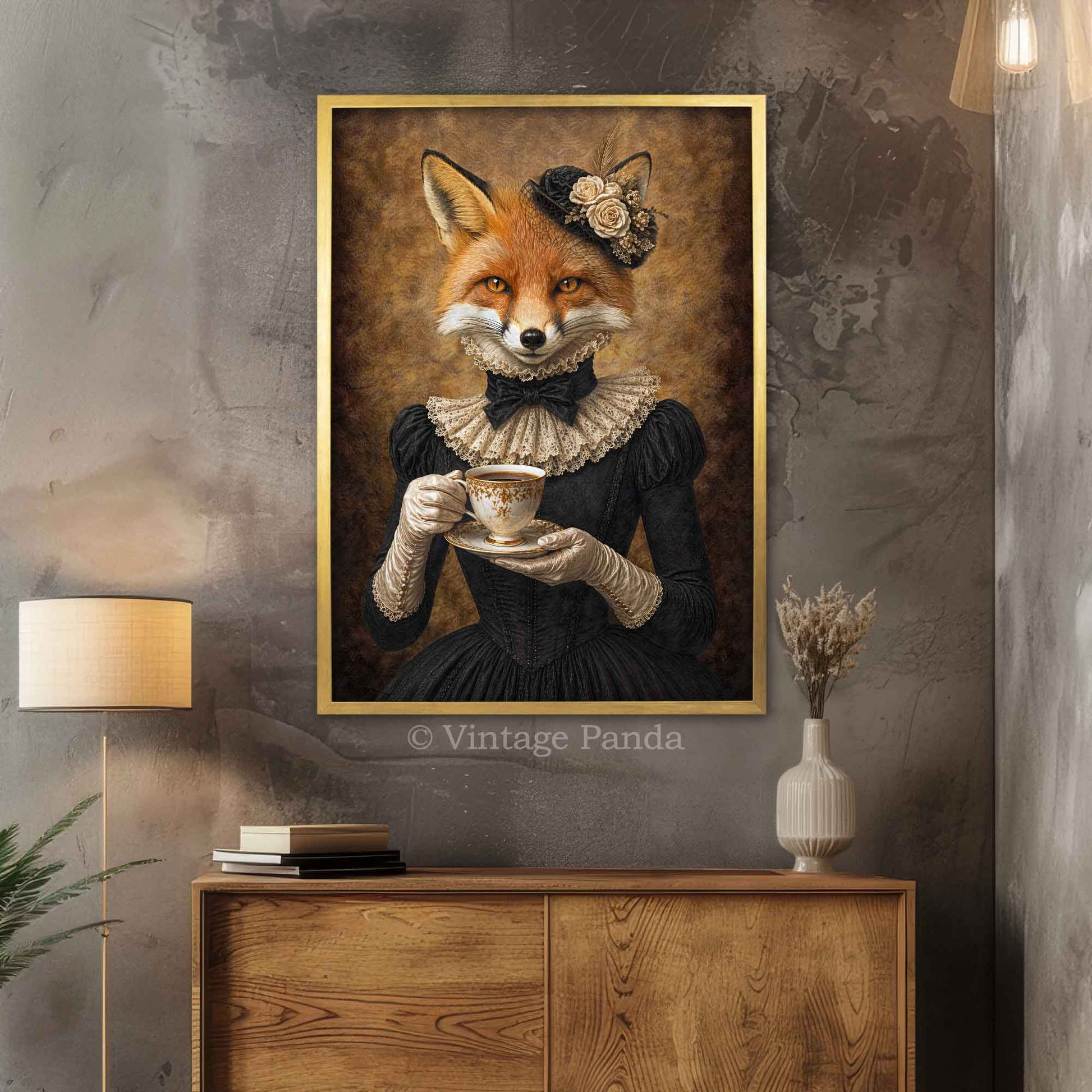 Fox_Lady_Drinking_Tea_Gold_Frame_by_Vintage_Panda_Designs