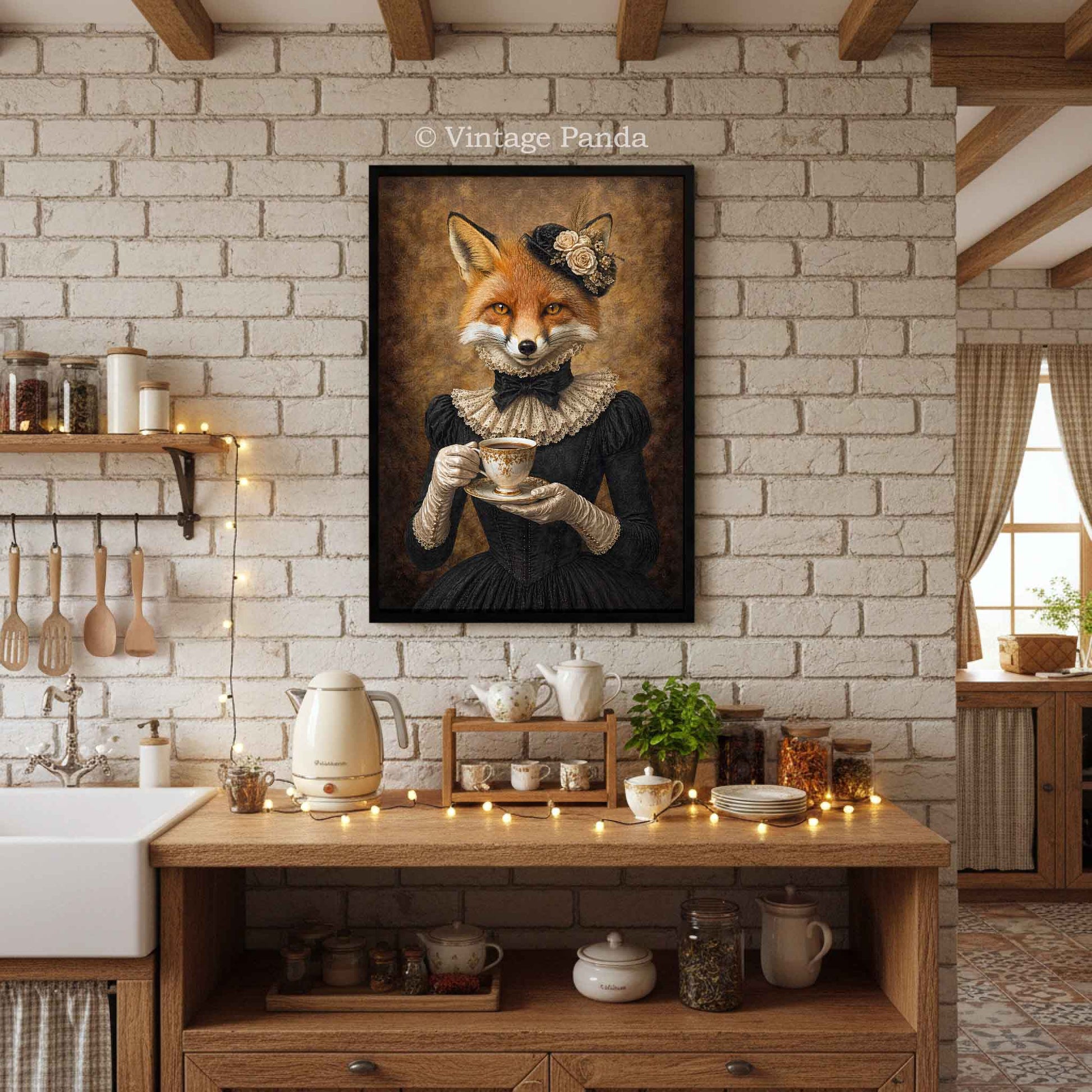 Fox_Lady_Drinking_Tea_Portrait_in_Black_Frame_on_Wall_in_Traditional_Vintage_Ristic_Kitchen_Copyright_Vintage_Panda