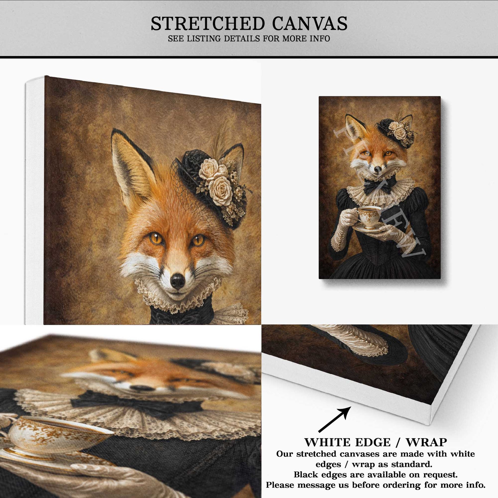Fox_Lady_Drinking_Tea_Stretched_Canvas_by_Vintage_Panda_Designs