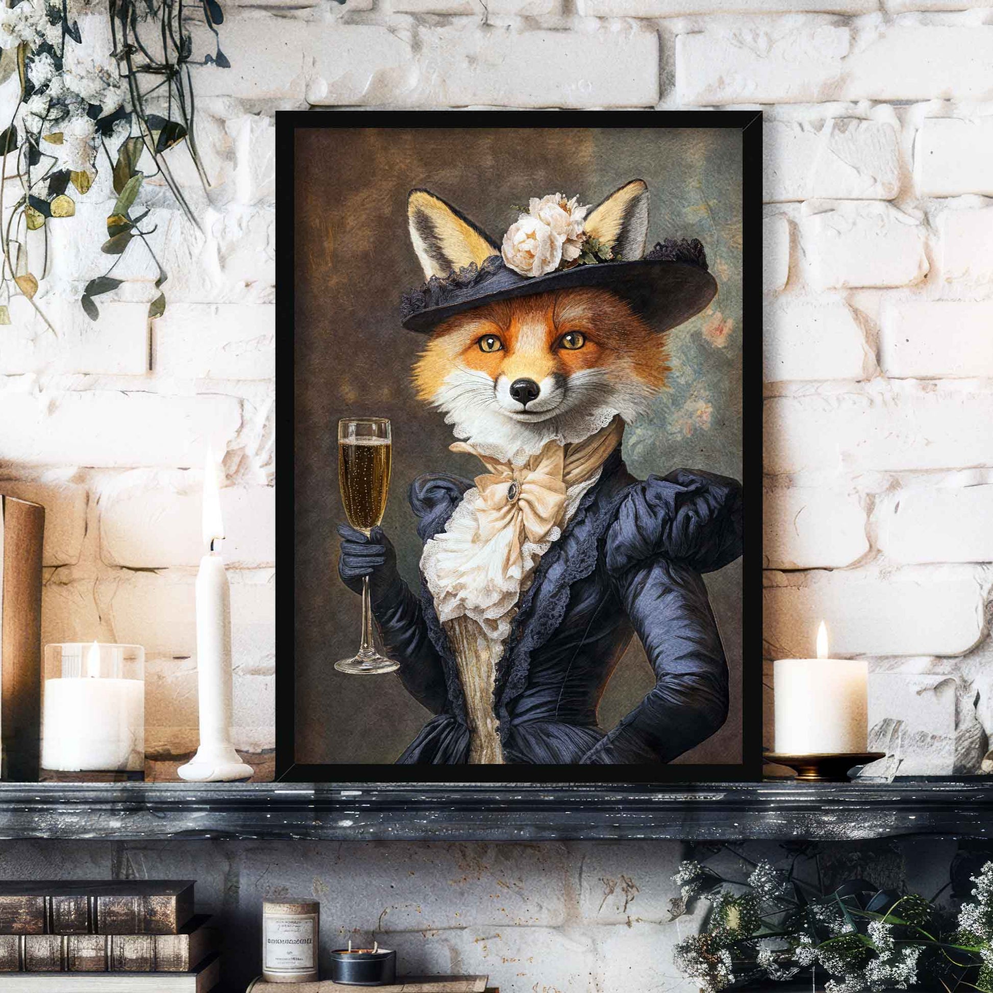 Fox Lady with Champagne Wall Art - Vintage Panda Designs
