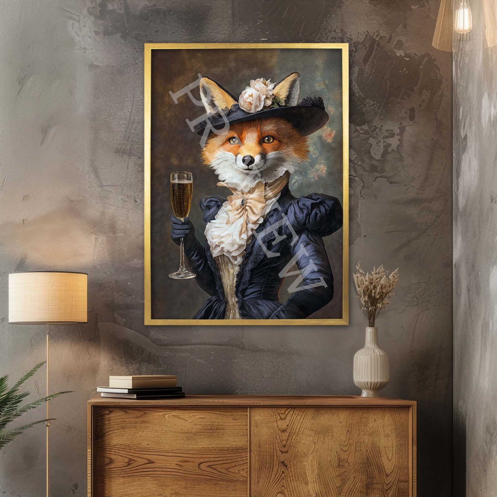 Fox Lady with Champagne Wall Art Gold - Vintage Panda Designs