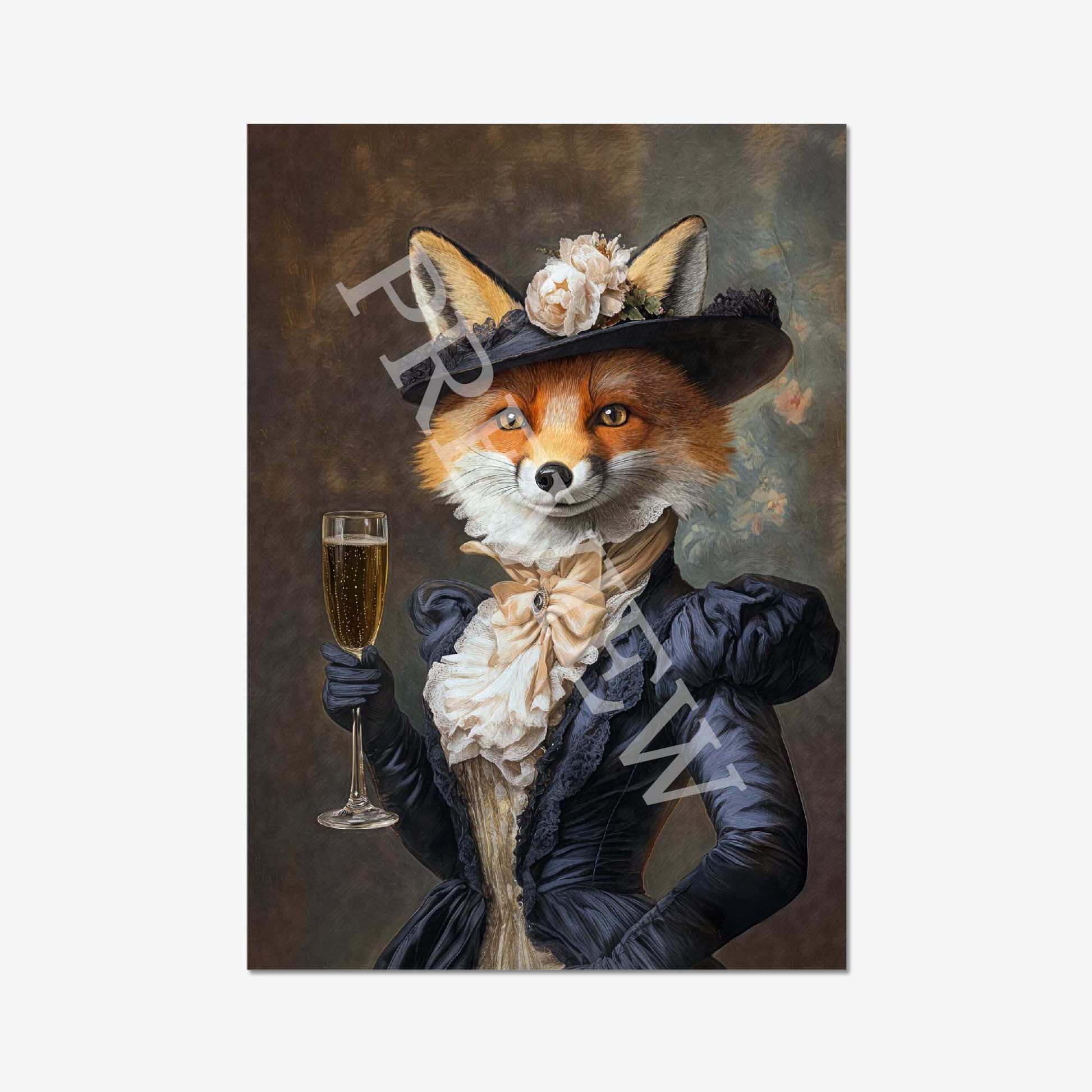 Fox Lady with Champagne Wall Art Print - Vintage Panda Designs