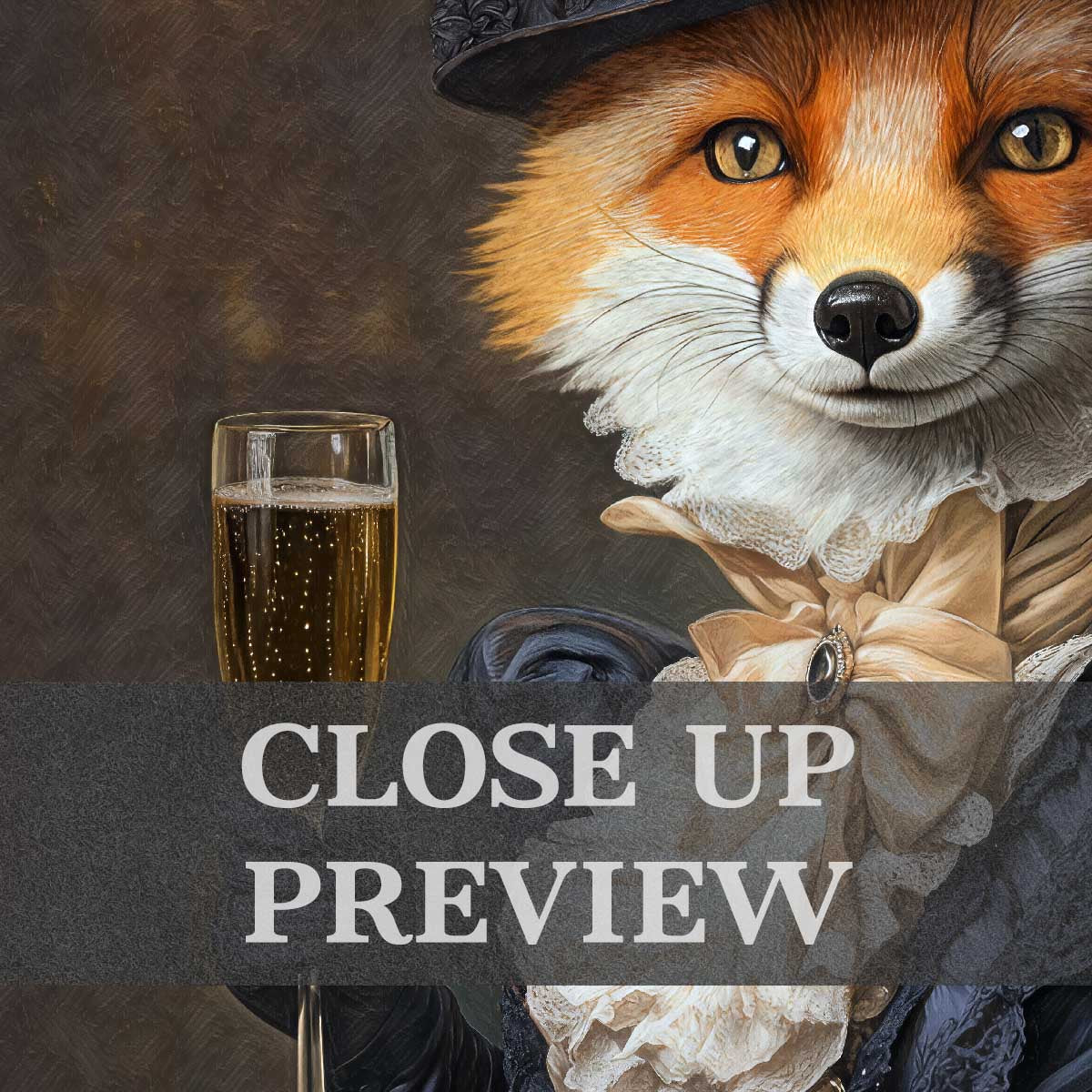Fox Lady with Champagne Wall Art Print Close Up - Vintage Panda Designs