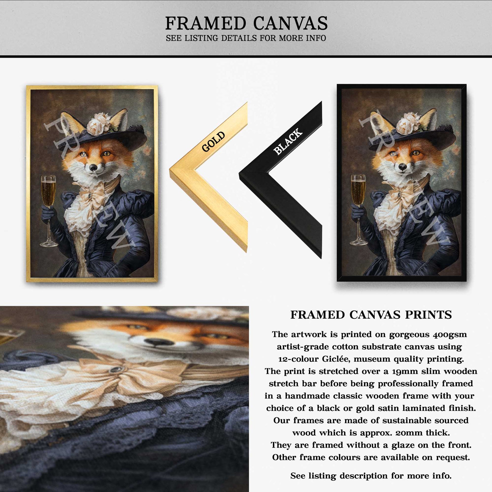 Framed canvas print of a fox lady character drinking champagne with gold and black frame options.