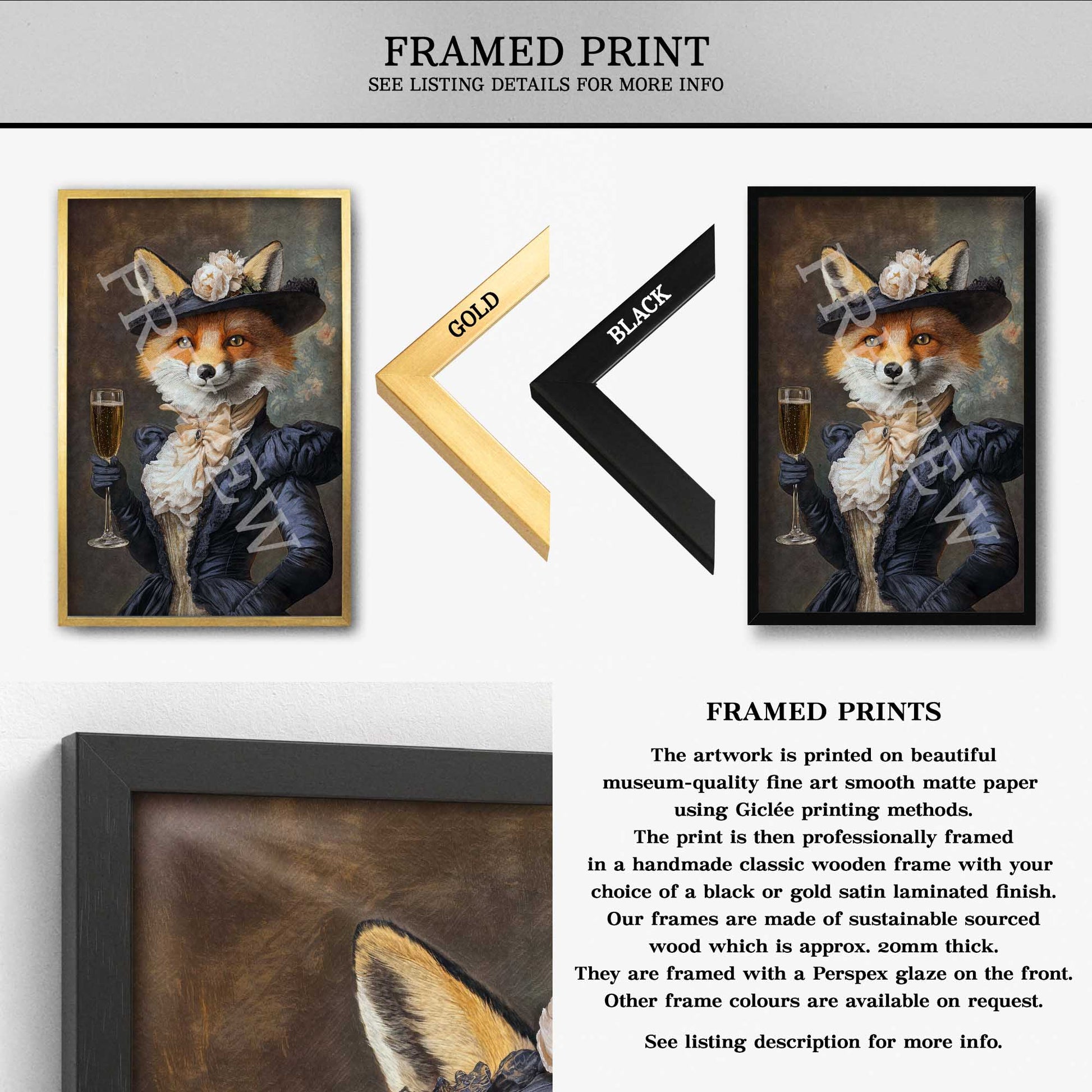 Fox Lady with Champagne Wall Art Print Framed Print - Vintage Panda Designs