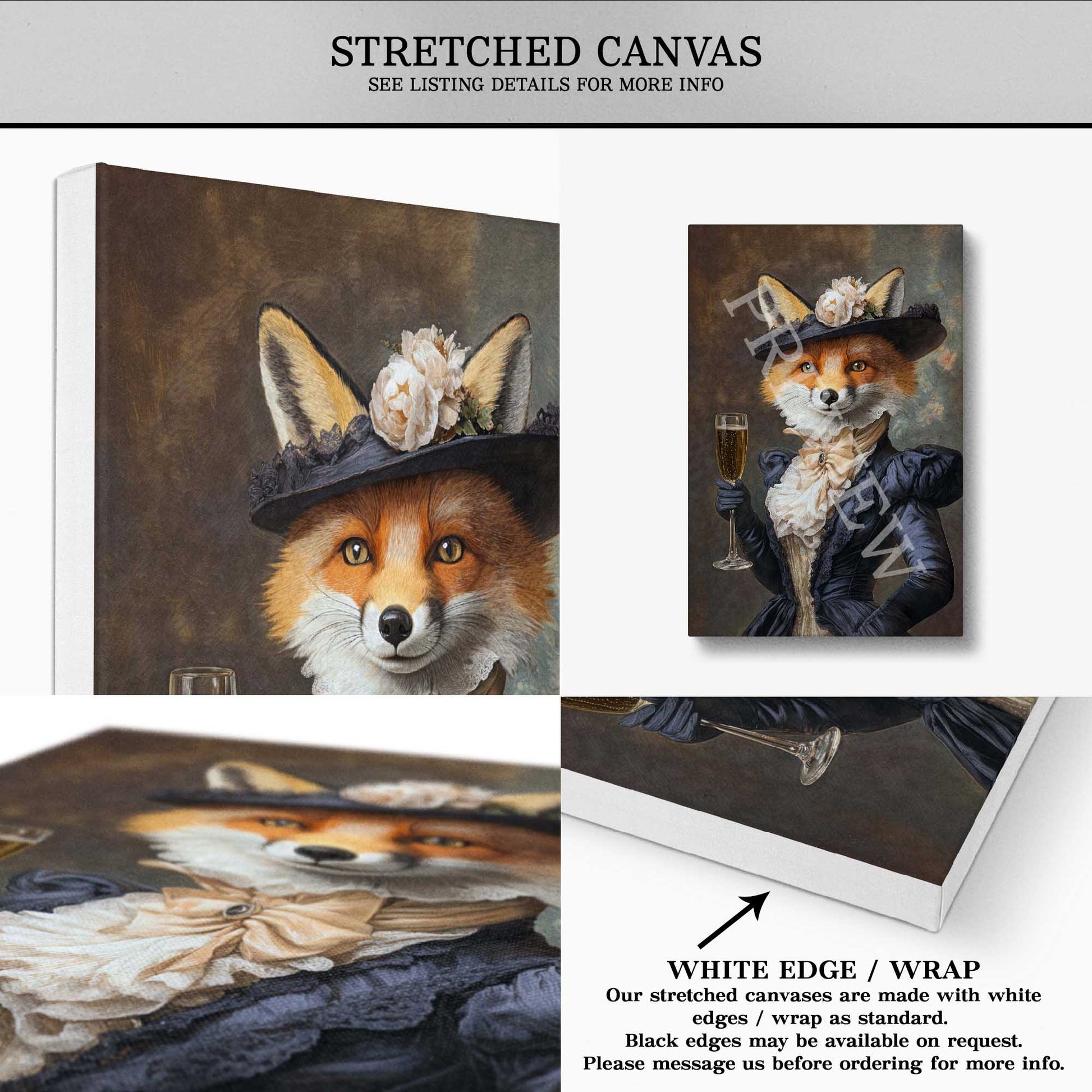 Fox Lady with Champagne Wall Art Print Stretched Canvas - Vintage Panda Designs
