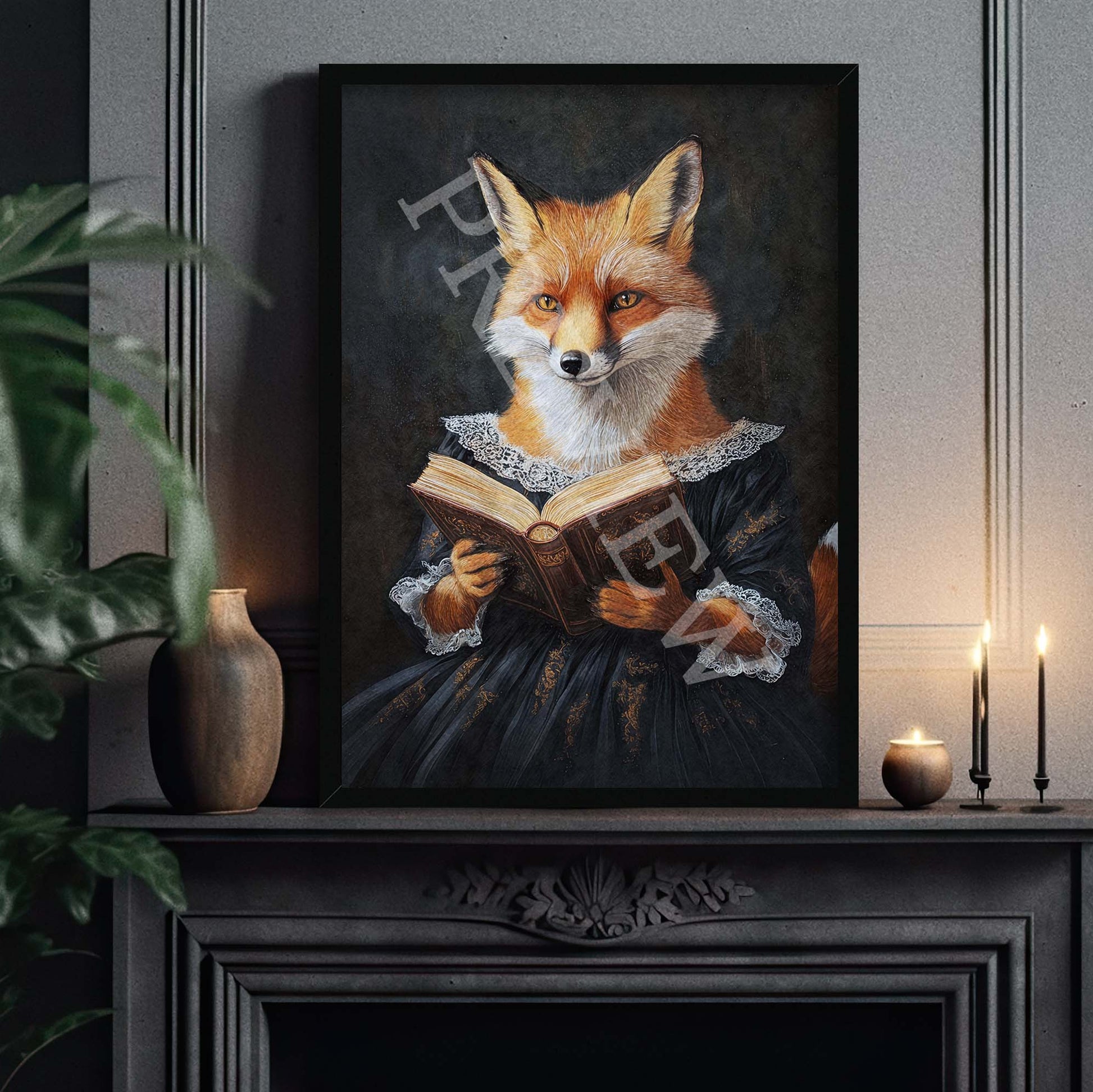 Fox_Reading_Book_Black_Frame_-_Vintage_Panda_Designs